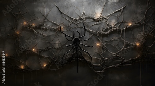 Spider web silhouette against black wall - halloween theme dark background. 