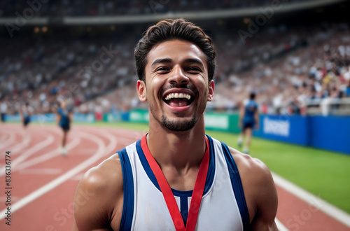 Athlete celebrates victory with a big smile in the track of the olimpic stadium