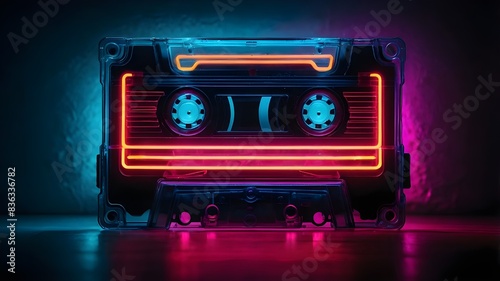 cassette with neon lights. nostalgia for the nineties. A music-listening audio cassette.cassette with neon lights. nostalgic longing for the 1990s. an audio cassette for listening to music.