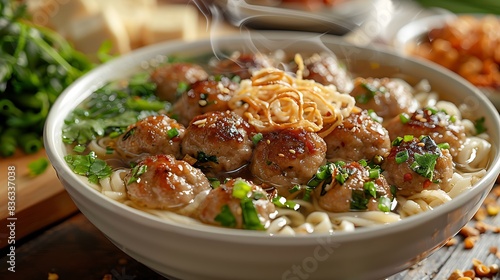 A close-up view of a steaming bowl of bakso, featuring tender meatballs, noodles, tofu, and leafy greens in a clear broth, garnished with fried shallots and fresh cilantro.