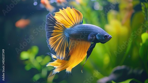 Betta fish with a yellow halfmoon fin and dumbo ears