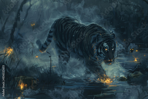 A tiger is walking through a forest with glowing eyes