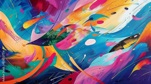 A visually stunning abstract painting rendered in vivid hues and unique shapes.