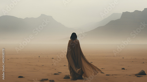 Woman on desert_ cinematic art minimalistic photo person in desert dry land_sci-fi future_apocalypse theme