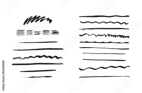 Vector set of brush strokes, texture for your design. Black ink designs. Element on a postcard. Collection of different brushes for design of cards, patterns in flat style.