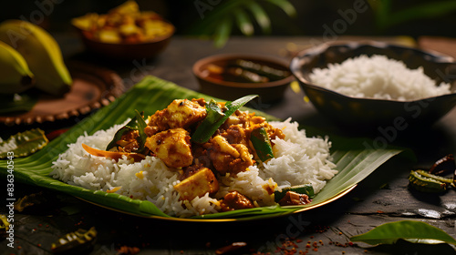 South Indian Culture: Rice on Banana Leaf with Chicken Curry
