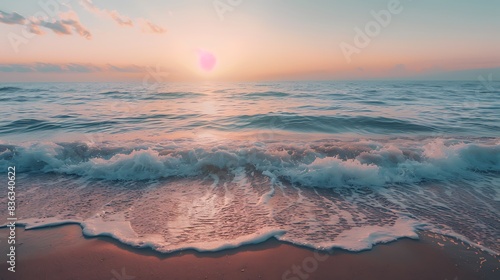 A quiet, serene beach with gentle waves lapping at the shore under a colorful sunset. 8k, realistic, full ultra HD, high resolution and cinematic photography