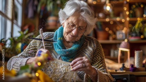 A retiree with arthritis enjoys knitting intricate charity patterns in a cozy, well-lit space, despite challenges.