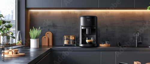 A sleek, modern coffee machine on a minimalist kitchen counter