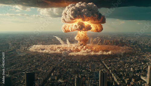 A mushroom cloud rises from a nuclear explosion over a city, with the smoke billowing into the sky