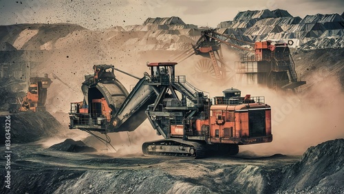 Excavator at work in mining cave construction industry concept vehicle cargo