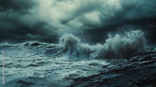 Stormy ocean waves crashing violently against a rocky shore under dark, turbulent clouds. 8k, realistic, full ultra HD, high resolution and cinematic photography