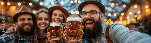 Group of friends at Oktoberfest, taking a selfie with beer steins, Fun, Social, Photography, capturing the festive spirit 8K , high-resolution, ultra HD,up32K HD