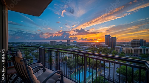 A breathtaking balcony view of a cityscape at sunset, creating a tranquil and mesmerizing atmosphere.