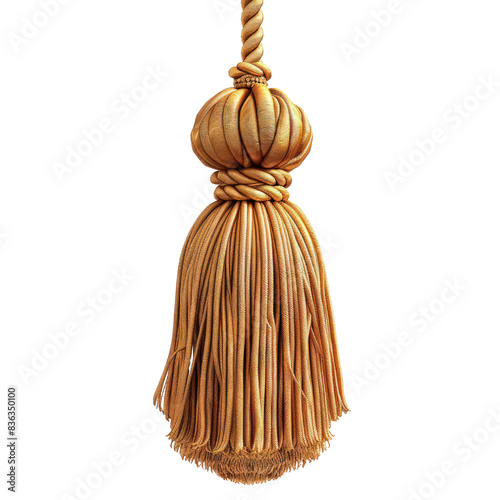 Close-up of an elegant golden tassel with intricate details, perfect for home decor and embellishing curtains or fabric accents. transparent backgrounds