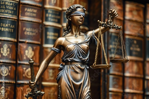 Lady justice with scales by bookcase
