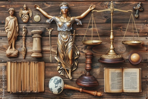 Statue of lady justice and legal items