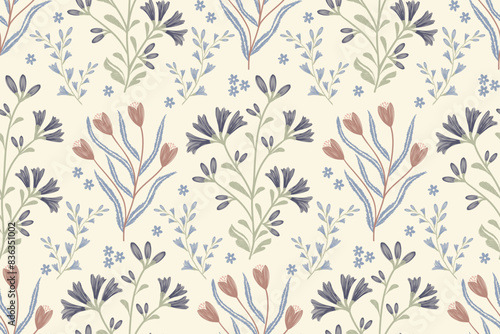 Tapestry floral pattern vintage ethnic modern embroidery texture boho design vector illustration hand drawn flower motif branches leaves wallpaper seamless background border.