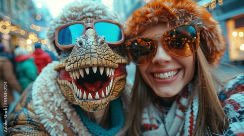An ecstatic woman in winter clothes takes a self-portrait with a costumed dinosaur friend