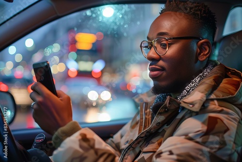 Man in car looking at cell phone