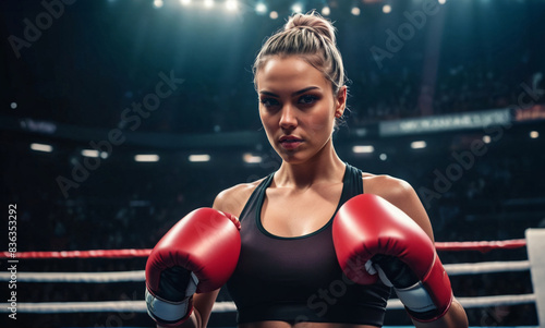 Portrait of strong athlete female boxer wearing boxing gloves and sportswear throwing punches in air in a boxing ring. Cinematic shot of athletic woman during boxing match or sport championship