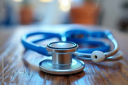 Blue stethoscope on wooden table