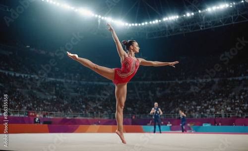 Professional female gymnast performs on balance beam displaying her incredible skills during sport competition. Graceful woman wearing a leotard performing stunts in professional arena at championship