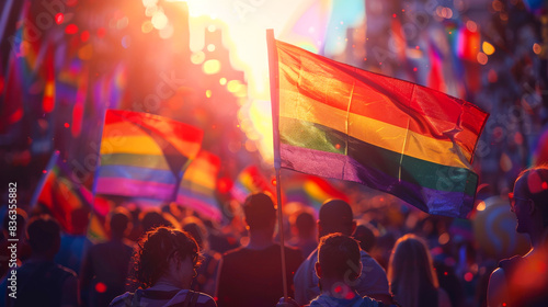 LGBT+ Pride Parade with Diverse Crowd. LGBT+ pride parade with a diverse crowd waving rainbow flags, celebrating love and acceptance. Vibrant colors and a festive, joyful atmosphere. lgbtq, lgbt,