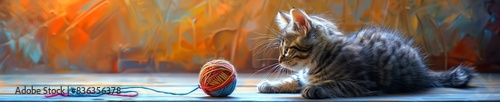 Eye-level, photorealistic digital painting, a playful tabby cat joyfully batting at a ball of yarn, vivid colors, warm lighting, subtle shading, detailed textures