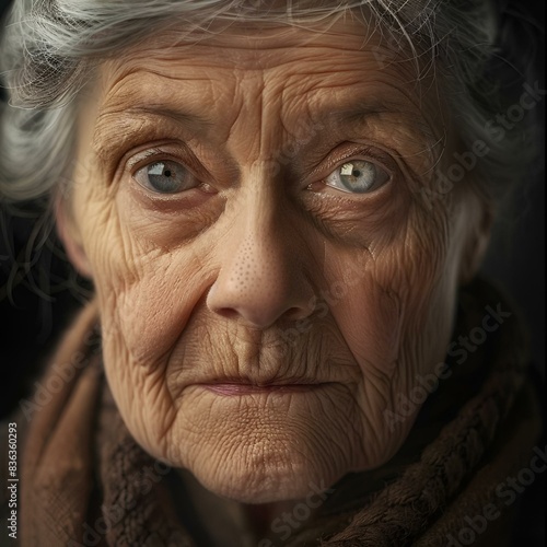 an older woman with white hair stares in the camera and wears a brown sweater