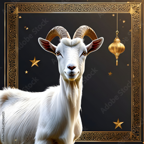 Majestic White Goat Adorned with Golden Horn for Eid ul Adha, Elegance in Gold