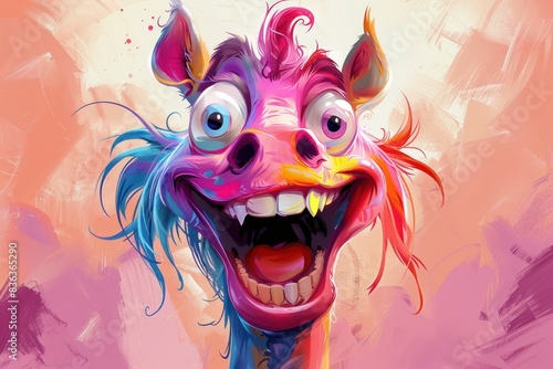 Colorful, whimsical cartoon of a cute, goofy pink dragon character with a wide toothy grin and comically exaggerated features.
