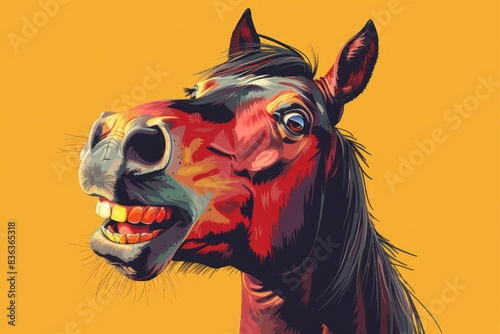 Colorful digital illustration of a horse with a goofy expression on a yellow background, showcasing vibrant and playful art.