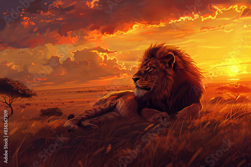 A lion is laying in the grass in front of a sunset