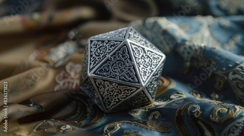 A twenty sided die made of silver showing a roll of nineteen