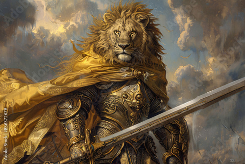A lion is holding a sword and is surrounded by other warriors