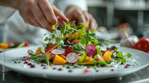 A chef is preparing a salad with a variety of vegetables, including radishes