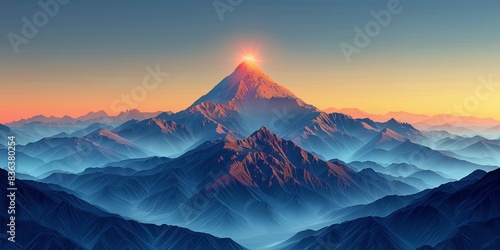 Serene Dawn: Clean Lines Mountain Peak, generative ai
