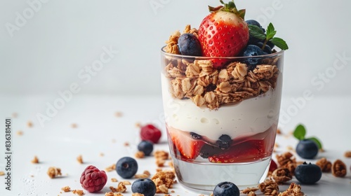 A glass of fruit yogurt with blueberries, strawberries, and granola