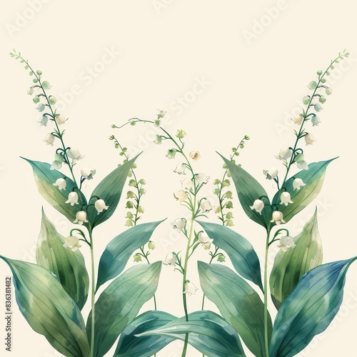 A watercolor illustration showcases lily of the valley in a floral border on a cream background