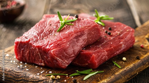 raw meat steak on wooden board with herbs