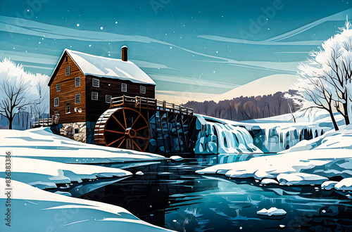 A grist mill covered in a blanket of snow, with icicles hanging from the eaves and a frozen pond vector art illustration generative AI. 