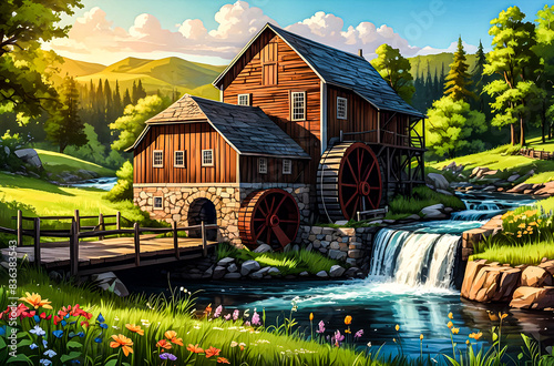 A grist mill with a waterwheel turning beside a gently flowing stream, surrounded by lush greenery and wildflowers vector art illustration generative AI. 