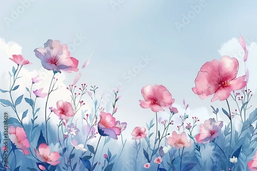 Watercolor illustration of verbena in a floral border isolated on a sky blue background