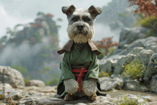 Small dog dressed as a samurai in a serene outdoor setting. A charming and humorous image blending traditional culture and modern pet photography.