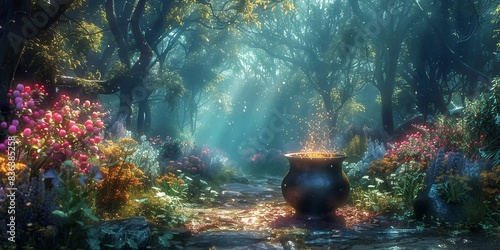 Magical Potion Brewing in Fantasy Woods, generative ai