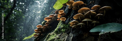 group of mushroom grow on tree bark in lush thick rainforest , perspective from below, low angle shot, beautiful nature 