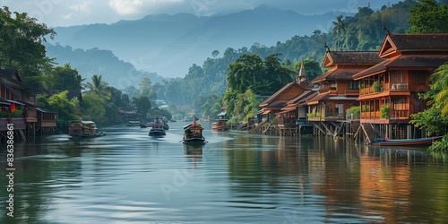 Traditional Thai Houses by the River, generative ai
