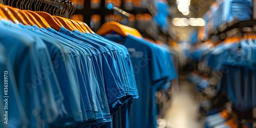 Variety of Blue T-Shirts Displayed on a Retail Store Rack. Concept Retail Display, Blue T-Shirts, Clothing Rack, Store Merchandise