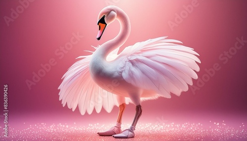 A graceful swan wearing a pink tutu and ballet slippers, standing en pointe. 